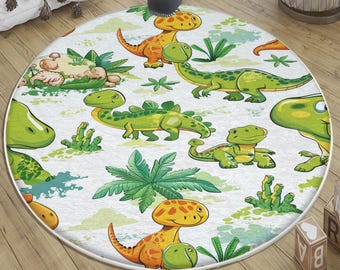 Dinosaur Nursery Rug Round Washable Non-Slip Jurassic Kids Room Decor with Pillowcase Gift for Baby & Toddler