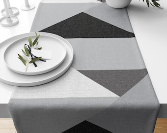 Table Runner Gray Black White Triangles Geometric Nordic Patchwork Accent for Dining Room, Modern Traditional Home Decor, Farmhouse Decor
