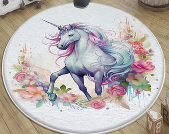 Kids Room Rug Round Unicorn with Flowers, Cute Nursery Decor - Baby Girl Play Mat, Playground Carpet, Pillow Case Gift