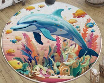 Dolphin Nursery Rug Round Colorful Under Sea Fish Baby Kids Room Decor with Pink Pillowcase Gift