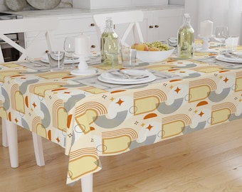 Bohemian Tablecloth Yellow Orange Geometric Pattern Modern Minimal Dining Accent Cover, Rectangle tablecloth, Housewarming gift