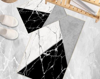 Black Gray White Marble Bathroom Rug, Geometric Non-Slip Quick Dry Bath Mat, Soft Washable Modern Toilet Mat Decor