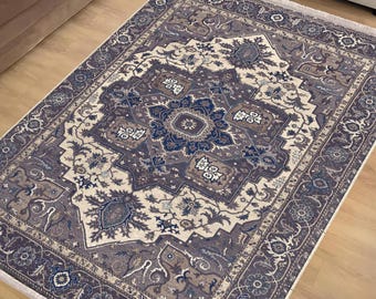 Blue Gray Anatolian Classic Area Rug|Ethnic Print Turkish Rug|Vintage Carpet|Washable Living Room Rug|Ottoman Court Carpet|Traditional Decor