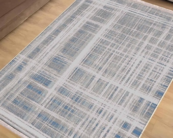 Gray White Blue Lines Area Rug Runner, Modern Geometric Accent Carpet, Abstract Anti-Slip Room Mat, Chenille Washable Rug, Housewarming Gift