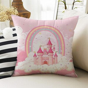 Decoración para habitación infantil: bonitas fundas de almohada con diseño de castillo rosa, cojín infantil llamativo y fundas de almohada decorativas para niñas para sala de juegos.