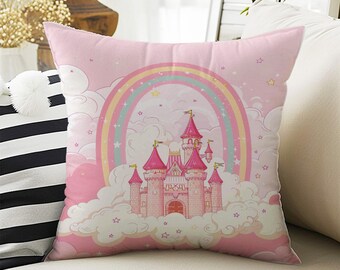 Kids Room Decor Cute Pink Castle Pillow Covers, Bold Nursery Cushion & Decorative Girls Throw Pillowcases for Playroom