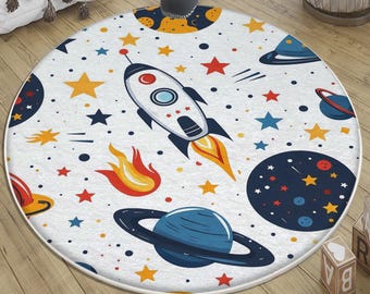 Galaxy Space Planets Kids Rug - Washable Non-Slip Round Nursery Carpet with Pillowcase, Baby & Kids Room Decor Gift