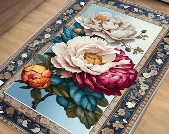Colorful Rose Rug Floral Area Rug Rustic Traditional Flower Carpet for Living Room Bedroom Kitchen Decor, Roses Accent Carpet