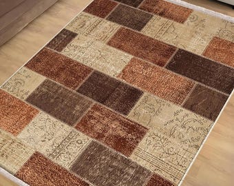 Brown Retro Kilim Area Rug Runner, Boho Patchwork Carpet, Turkish Anti-Slip Hallway Mat with Free Pillow Case Gift, Chenille Washable Rug