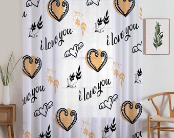 I love you Sheer Curtain for Kids Room, Lightweight Hearts Nursery Net Voile, Kids Room Window Drapes, Machine Washable