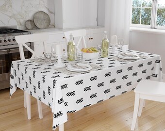 Black White Aztec Arrow Tablecloth, Minimal Geometric Pattern Dining Accent Cover, Modern Minimalist Home Decor