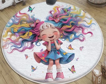 Round Colourful Girls Rug for Kids Room Nursery Decor with Pillow Case Gift – Cute Baby Play Mat, Playground Carpet