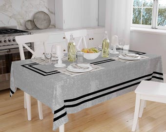 Black Geometric Border Lines on Gray Watercolor Background Pattern Tablecloth, Modern Dining Accent Cover