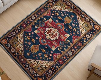 Colorful Oriental Rug - Washable Chenille Carpet with Antique Frame Border - Vibrant Living Room Decor & Non-Slip Backing