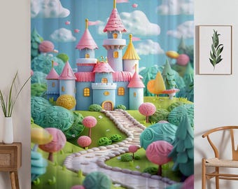 Colorful Castle Sheer Curtain for Girls Room, Lightweight Candy Town Nursery Net Voile, Kids Room Window Drapes, Machine Washable