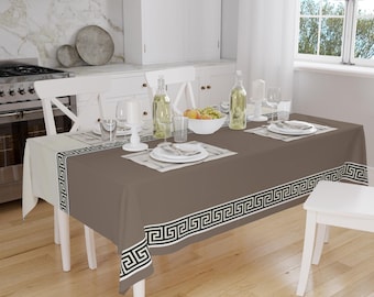Brown White Greek Key Geometric Lines Pattern Tablecloth, Modern Dining Accent Cover, Rectangle tablecloth, Housewarming gift