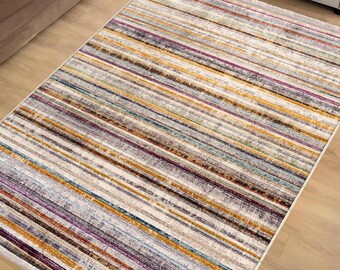 Brown Stripes Southwest Area Rug|Ethnic Print Turkish Rug|Vintage Carpet|Washable Living Room Rug|Ottoman Court Carpet|Traditional Decor