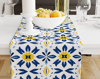 Table Runner Blue Yellow Geometric Floral Ethnic Ottoman Turkish Pattern, Retro Farmhouse Decor, Traditional Textile Accent, Farmhouse Decor