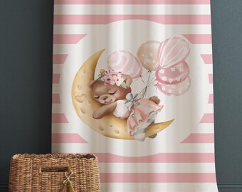 Moon on Sleep Baby Bear Animal Girl Nursery Curtains – Custom Kids Room Drapes & Cute Bedroom Window Treatment Decor with Gift Pillow Covers