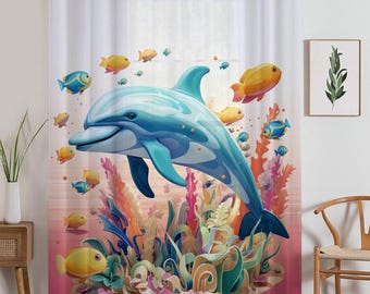 Tropical Fishes Dolphin Sheer Curtain for Kids Room, Lightweight Under Sea Nursery Net Voile, Marine Life Ocean Baby Room Window Drapes,