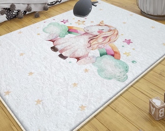 Unicorn Kids Room Rug with Rainbow Clouds & Pillow Case Gift, Baby Nursery Decor, Girls Room Gift, Soft Kids Play Mat