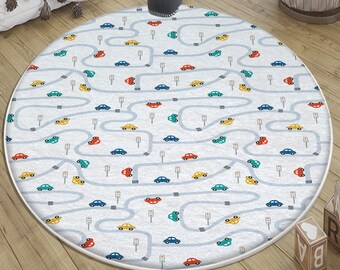 Play Mat for Kids - Round City Road Traffic Rug, Anti-Slip Toddler Nursery Carpet, Washable Playroom Rug with Pillowcase Gift