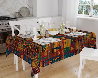 Colorful Aztec Tradional Authentic Retro Mystic Pattern Tablecloth, Modern Dining Accent Table Cover