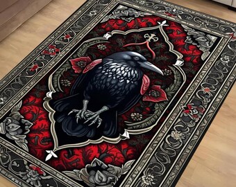 Raven Rug Dark Academia Boho Fairycore Decor - Gothic Crowcore Witchy Aesthetic Carpet for Cottagecore & Satanic Vibes