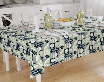 Navy Blue Bohemian Tablecloth with Green Trees & Floral Retro Geometric Pattern, Modern Minimal Dining Accent Cover