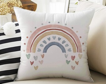 Kids Room Decor Boho Colorful Pink Rainbow Clouds Pillow Covers, Bold Nursery Cushion & Decorative Children Throw Pillowcases for Playroom