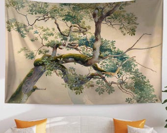 Vintage Tree Brunches Wall Hanging - 19th Century Watercolor Art Nature Tapestry, Large Retro Wall Decor, Botanical Illustration Gift