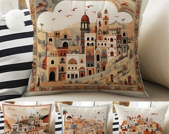 Vintage Retro Houses Town Both Side Printed Pillow Cases, Cozy Cottagecore Accent Pillow, City Spun Pillow Cushion, Housewarming Gift