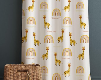 Yellow Boho Giraffe Kids Curtains & Gift Pillow Covers, Custom Nursery Animal Theme Drapes, Child Bedroom Window Treatment Decor