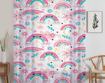 Cute Pink Rainbow Star Sheer Curtain for Girls Kids Room, Lightweight Stars Nursery Net Voile, Kids Room Window Drapes, Machine Washable