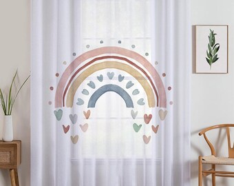Boho Hearts Rainbow Sheer Curtain for Kids Room, Lightweight Pastel Color Baby Nursery Net Voile, Kids Room Window Drapes