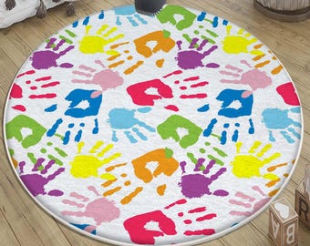 Colorful Hands Nursery Rug with Pillow Case Gift, Round Kids Room Decor, Cute Baby & Toddler Play Mat, Fun Kids Room Gift Idea