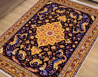 Blue Yellow Anatolian Area Rug|Ethnic Oriental Turkish Rug|Vintage Carpet|Chenille Washable Rug |Ottoman Court Carpet|Turkish Kilim Rug