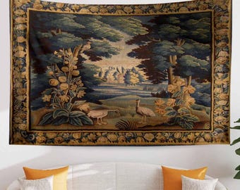 French Wall Tapestry Vintage Royal Garden Verdure, Dark Cottagecore Bedroom Decoration, Boho Wall Hanging