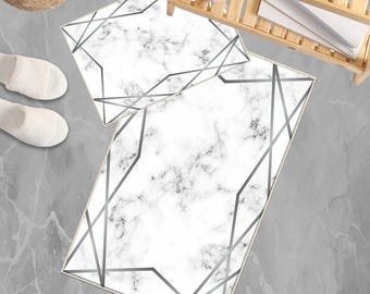 Gray White Silver Lines Marble Bathroom Rug Non Slip Quick Dry Bath Mat Geometric Washable Soft Modern Toilet Mat with Border Lines
