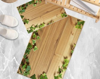 Floral Non Slip Bath Mat - Wood on Green Ivy Leaves Bathroom Rug, Quick Dry Washable Toilet Mat, Soft Modern Bathroom Decor