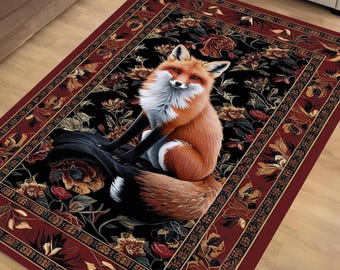 Orange Fox Rug Vintage Floral Area Carpet - Washable Decorative Rug for Living Room Bedroom, Office & Home Decor Gift