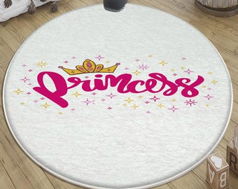 Round White Pink Princess Nursery Rug with Pillowcase Gift, Cute Girl Baby Room Decor, Soft Kids Play Mat for Toddler Nursery