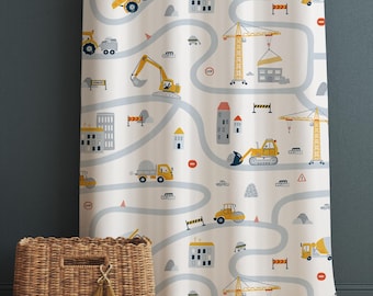 Kids Nursery Curtains Construction Vehicles, Custom Size Boys Room Drapes & Gift Pillow Covers, Yellow Road Equipment Decor