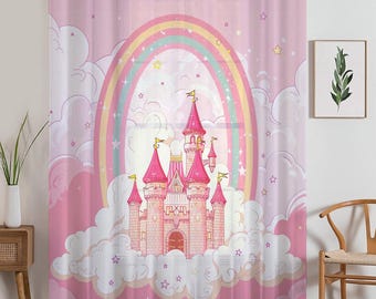 Pink Princess Castle Sheer Curtain for Girls Room, Lightweight Pink Nursery Net Voile, Kids Room Window Drapes, Machine Washable
