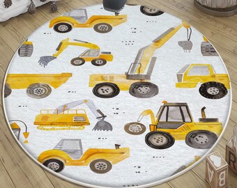 Construction Vehicles Kids Room Rug with Crane, Bulldozer & Excavator - Round Heavy Equipment Playmat Nursery Carpet + Pillowcase Gift