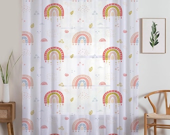 Sheer Cute Rainbow Curtain for Girls Kids Room – Bohemian Nursery Net Voile, Lightweight & Machine Washable - Matching Accessories