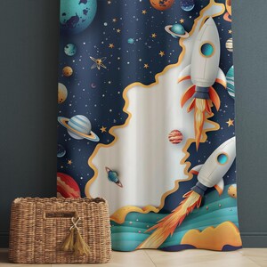 Rocket Galaxy ruimteschip planeten kindergordijnen en cadeau kussenslopen, aangepaste ruimte kinderkamergordijnen, kinderslaapkamer decor raamdecoratie