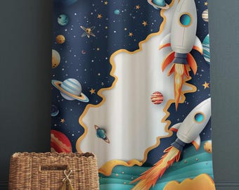 Rocket Galaxy Spaceship Planets Kids Curtains & Gift Pillow Covers, Custom Space Nursery Drapes, Child Bedroom Window Treatment Decor