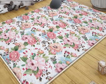 Floral Baby Nursery Rug with Colorful Flowers & Pillowcase, Cute Kid Room Decor, Girl Baby Gift, Soft Nursery Floor Mat for Toddler Room
