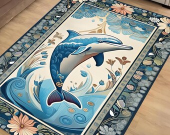 Dolphin Design Rug with Floral Persian Border, Underwater Sea Animals Rug for Living Room, Unique Gift & Home Decor